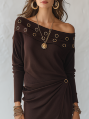 Sophisticated Chocolate Grommet Off-Shoulder Maxi Dress
