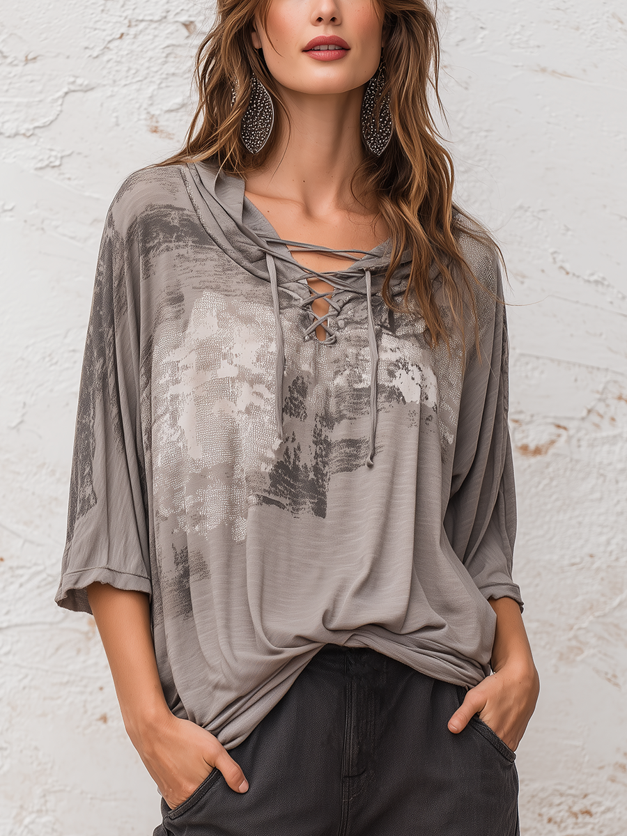Artisan Taupe Abstract Print Lace-Up Top