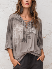 Artisan Taupe Abstract Print Lace-Up Top