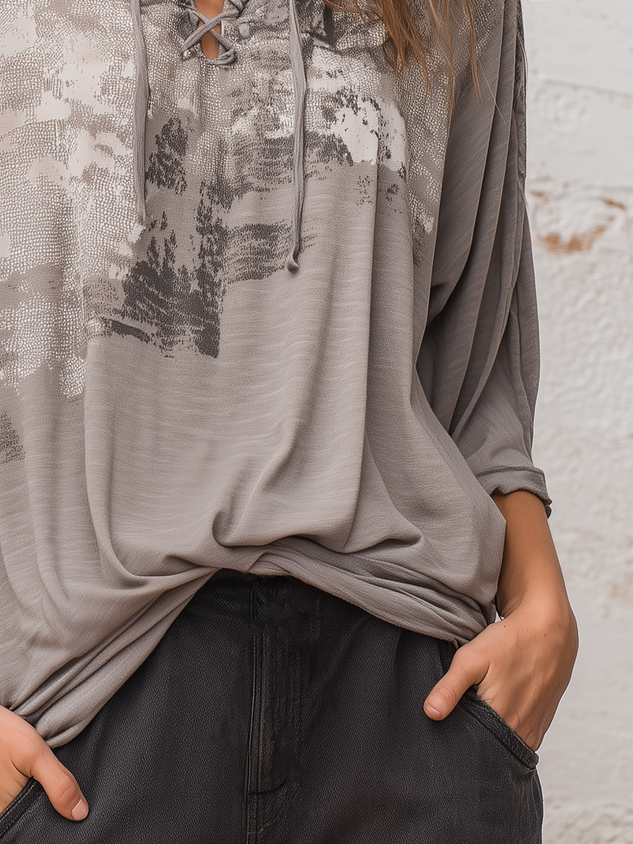 Artisan Taupe Abstract Print Lace-Up Top