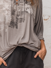 Artisan Taupe Abstract Print Lace-Up Top