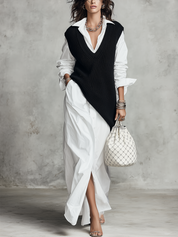 Casual Knitted Vest Layered Over A Shirt Dress