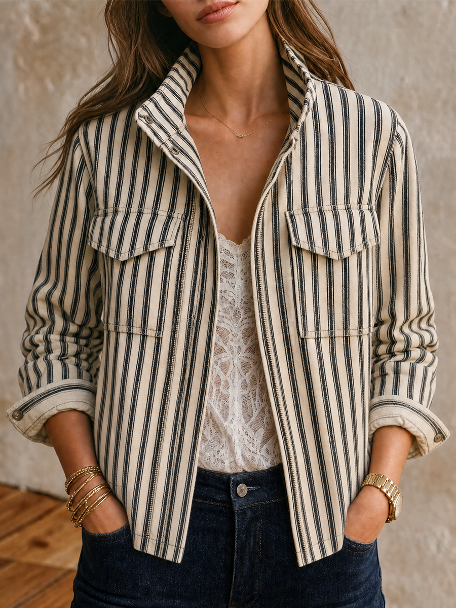 Parisian Utility Striped Zip Front Jacket