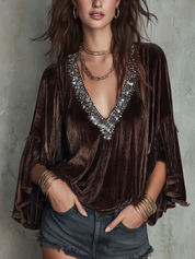 Bohemian Style Brown Velvet Sequined Top