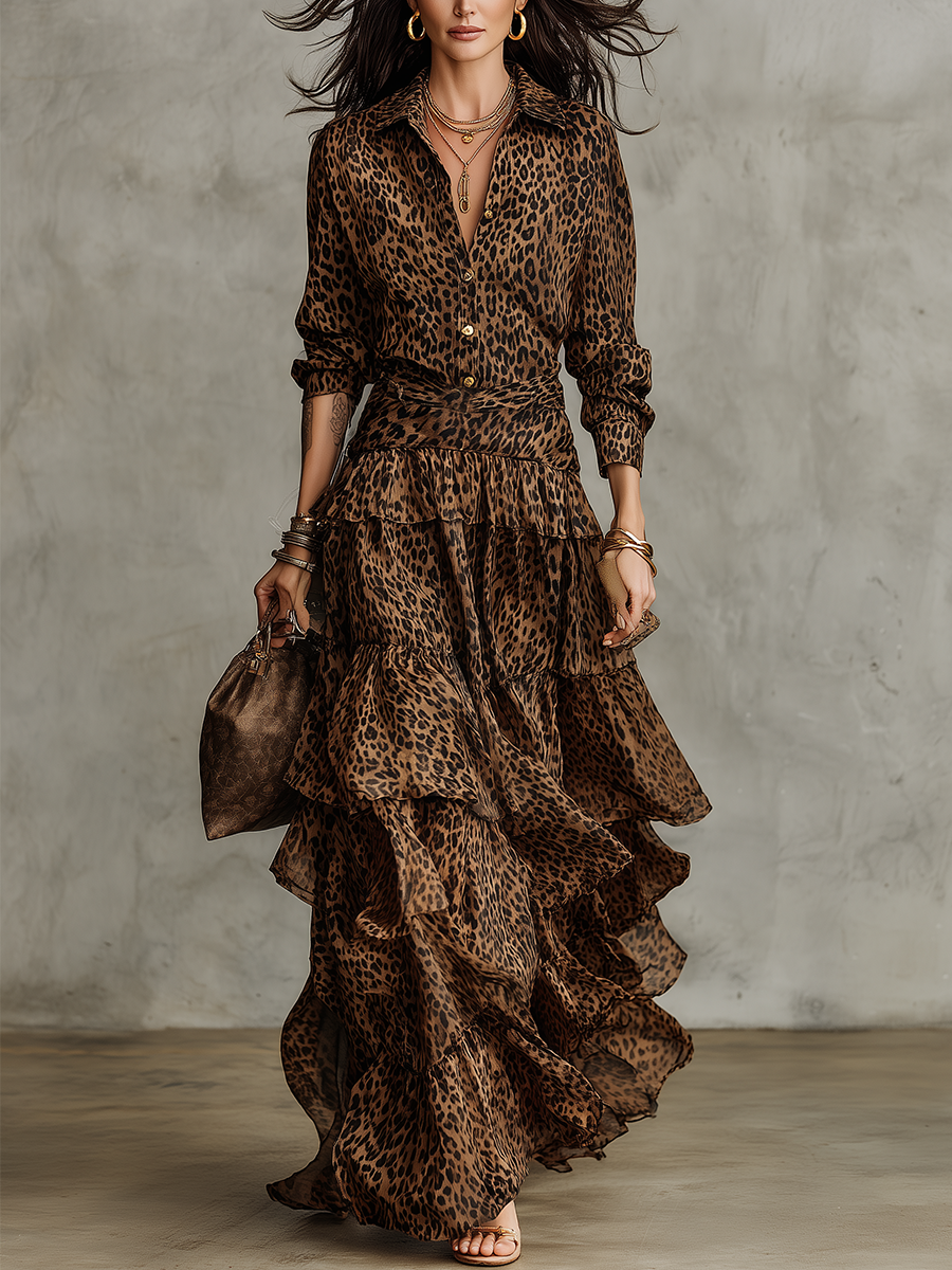 Bohemian Leopard Print Shirt And Layered Ruffle Skirt Set