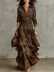 Bohemian Leopard Print Shirt And Layered Ruffle Skirt Set
