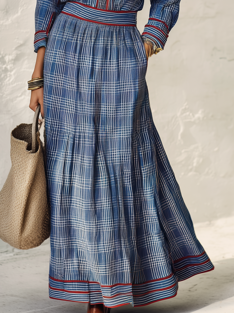 Heritage Blue Plaid Contrast-Trim Maxi Dress