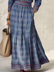 Heritage Blue Plaid Contrast-Trim Maxi Dress