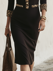 Polished Black Leopard-Trim Tailored Midi Dress