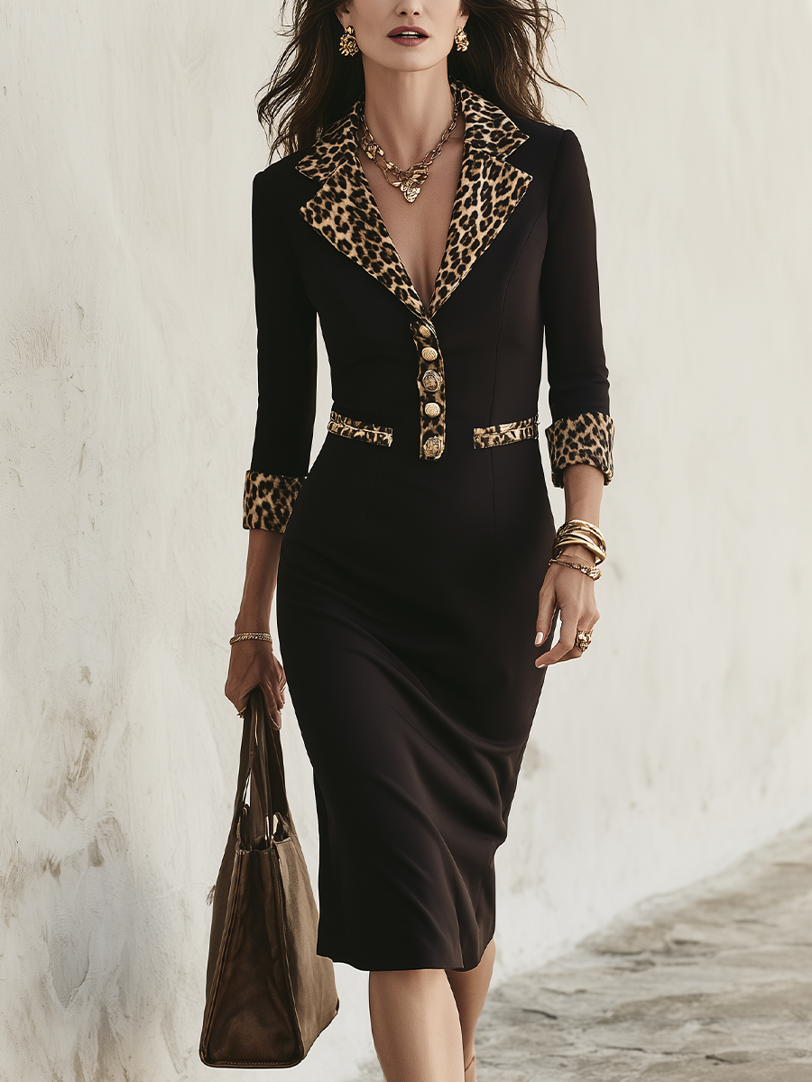 Polished Black Leopard-Trim Tailored Midi Dress