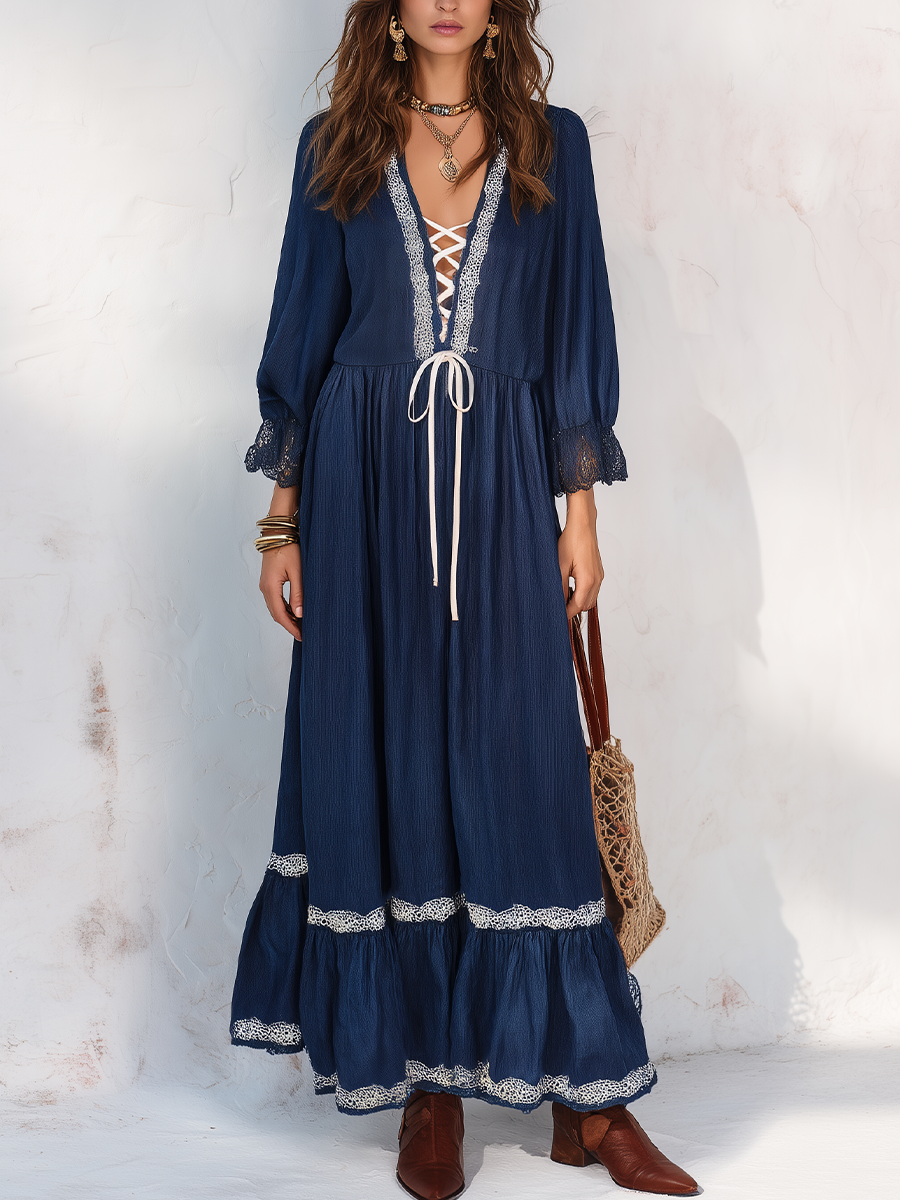 Romantic Navy Lace-Trim Lace-Up Maxi Dress