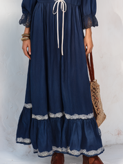Romantic Navy Lace-Trim Lace-Up Maxi Dress
