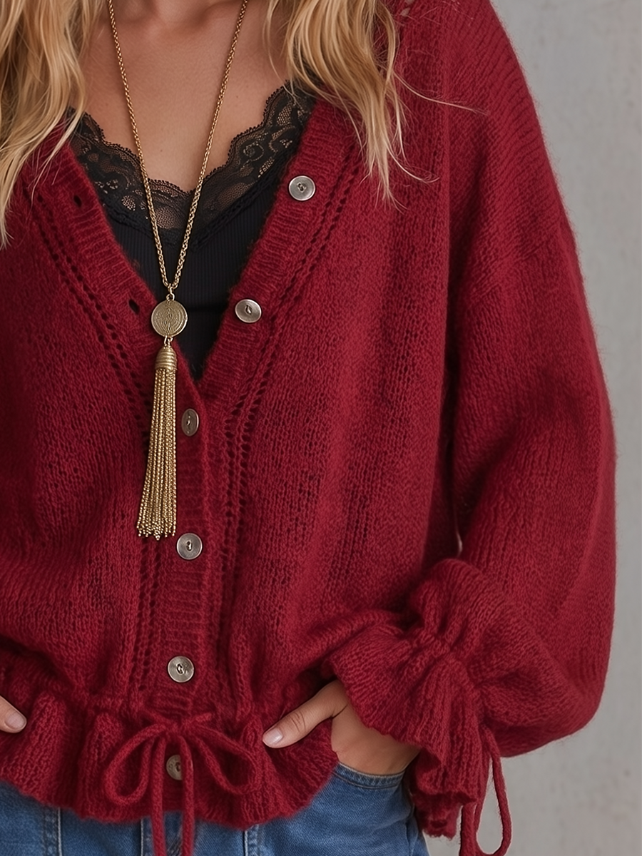 Romantic Boho Burgundy Drawstring Knit Cardigan Top