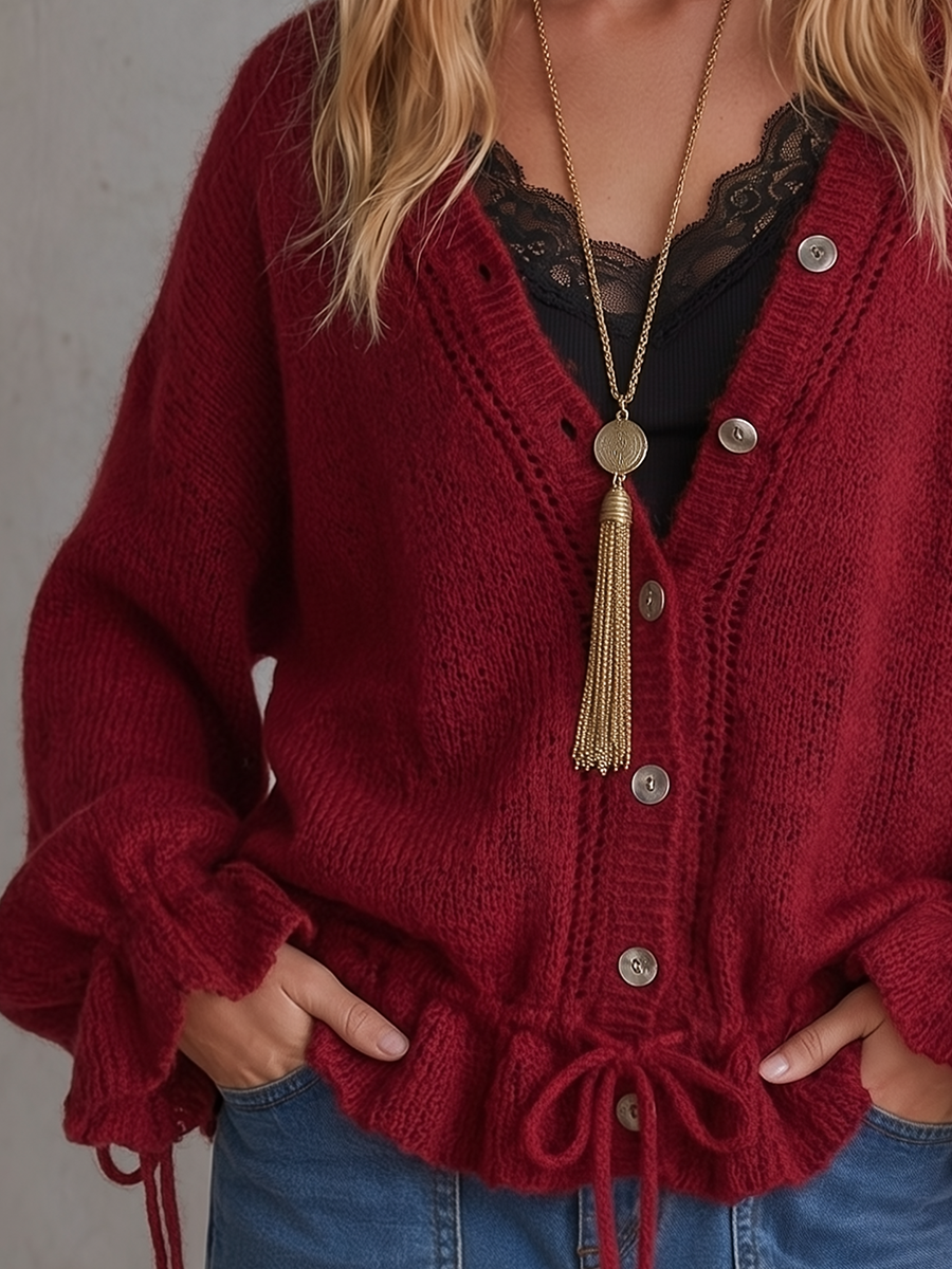 Romantic Boho Burgundy Drawstring Knit Cardigan Top