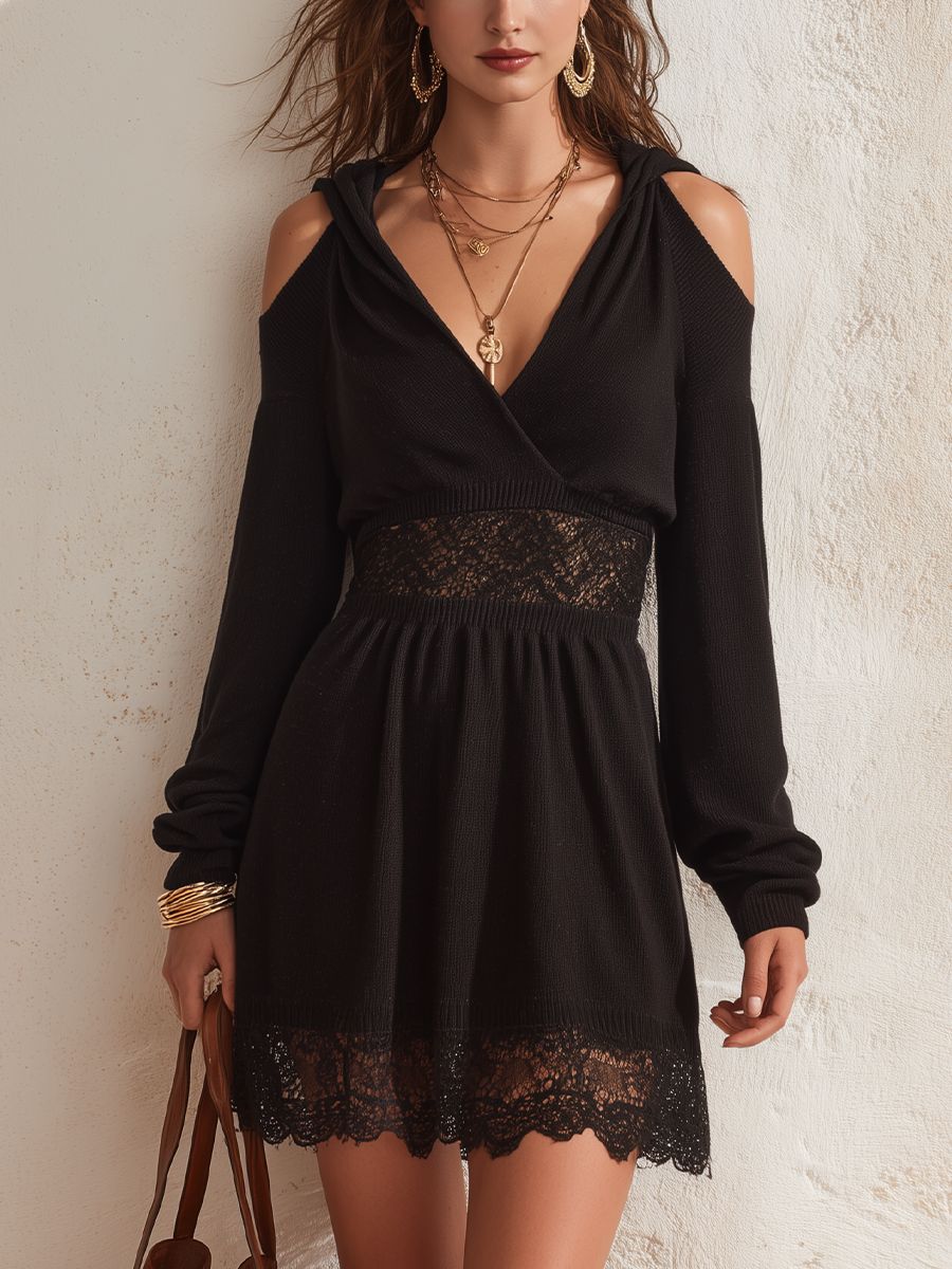 Modern Black Lace-Panel Cold-Shoulder Mini Dress