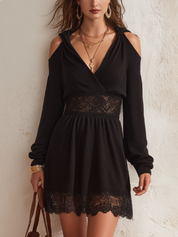 Modern Black Lace-Panel Cold-Shoulder Mini Dress