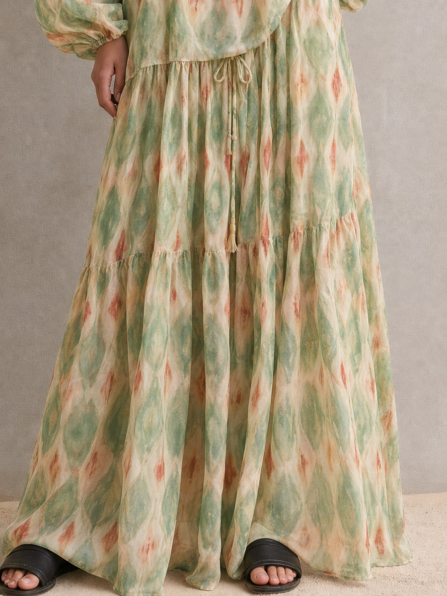 Resort Bohemian Watercolor Blouse & Tiered Maxi Skirt Set