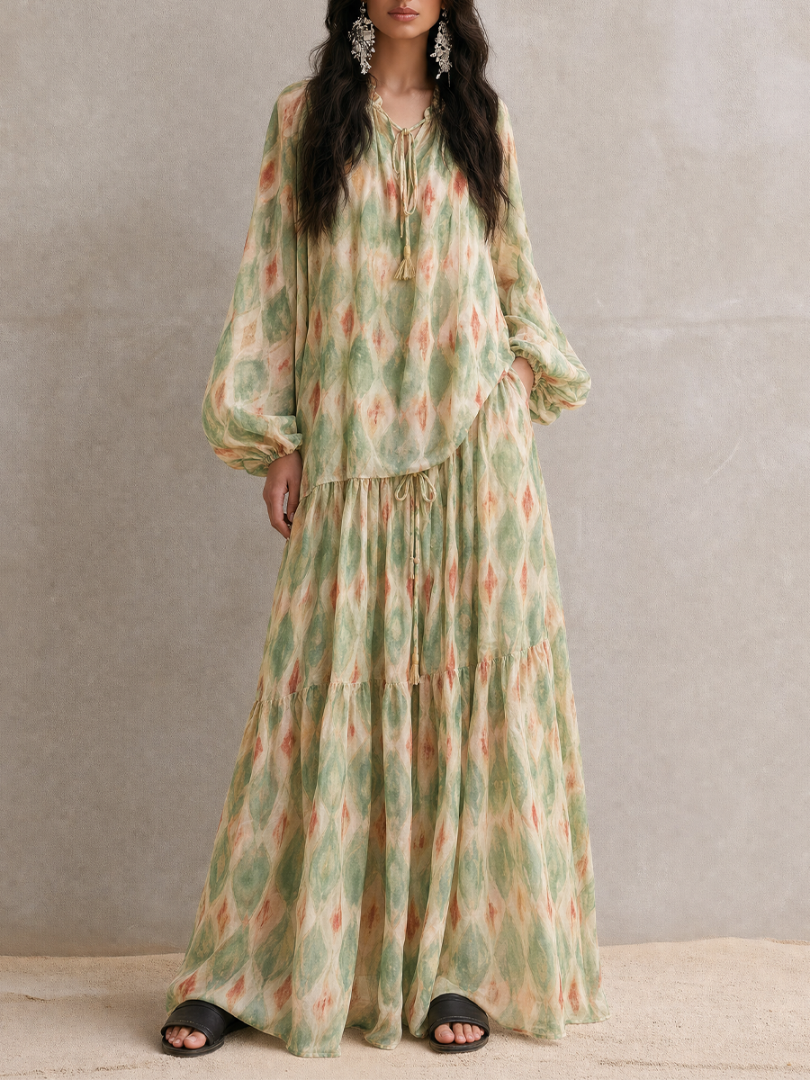 Resort Bohemian Watercolor Blouse & Tiered Maxi Skirt Set