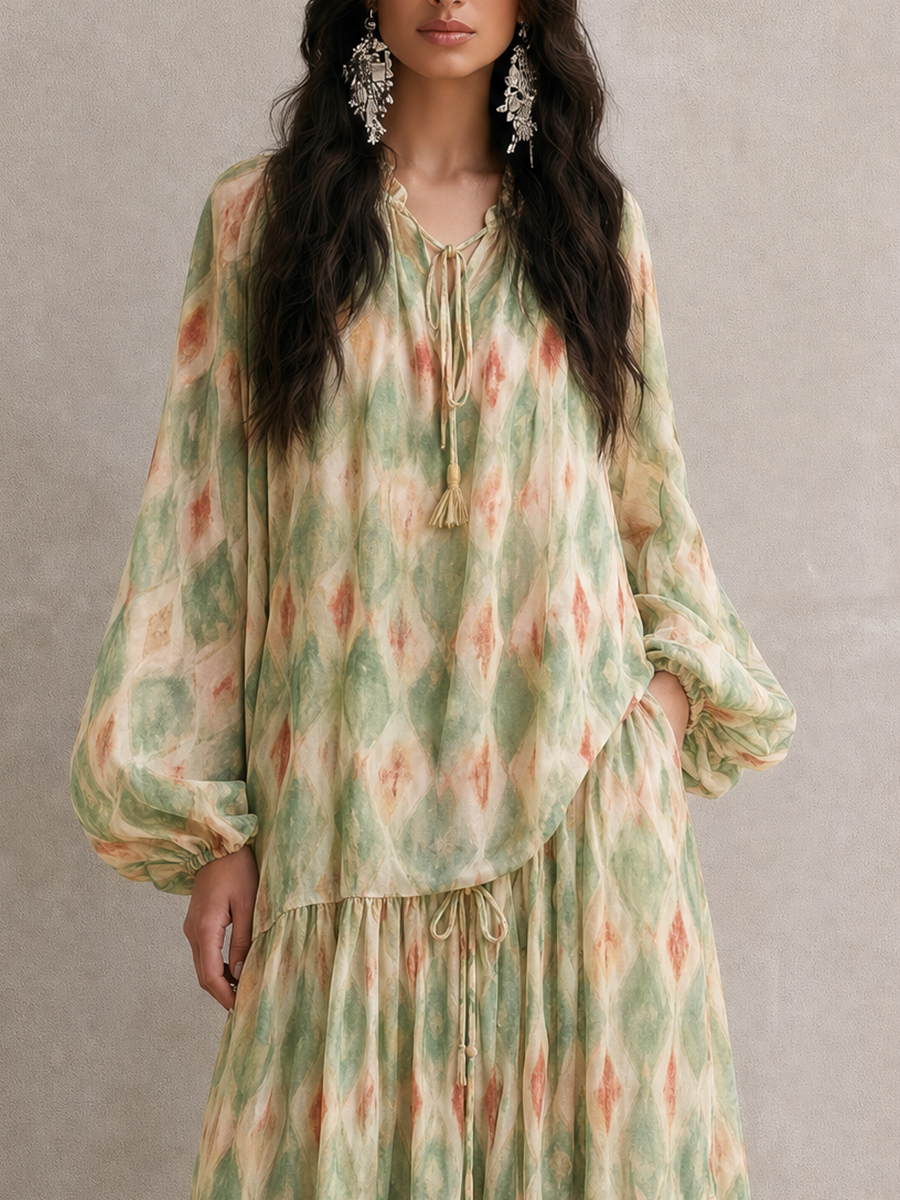 Resort Bohemian Watercolor Blouse & Tiered Maxi Skirt Set