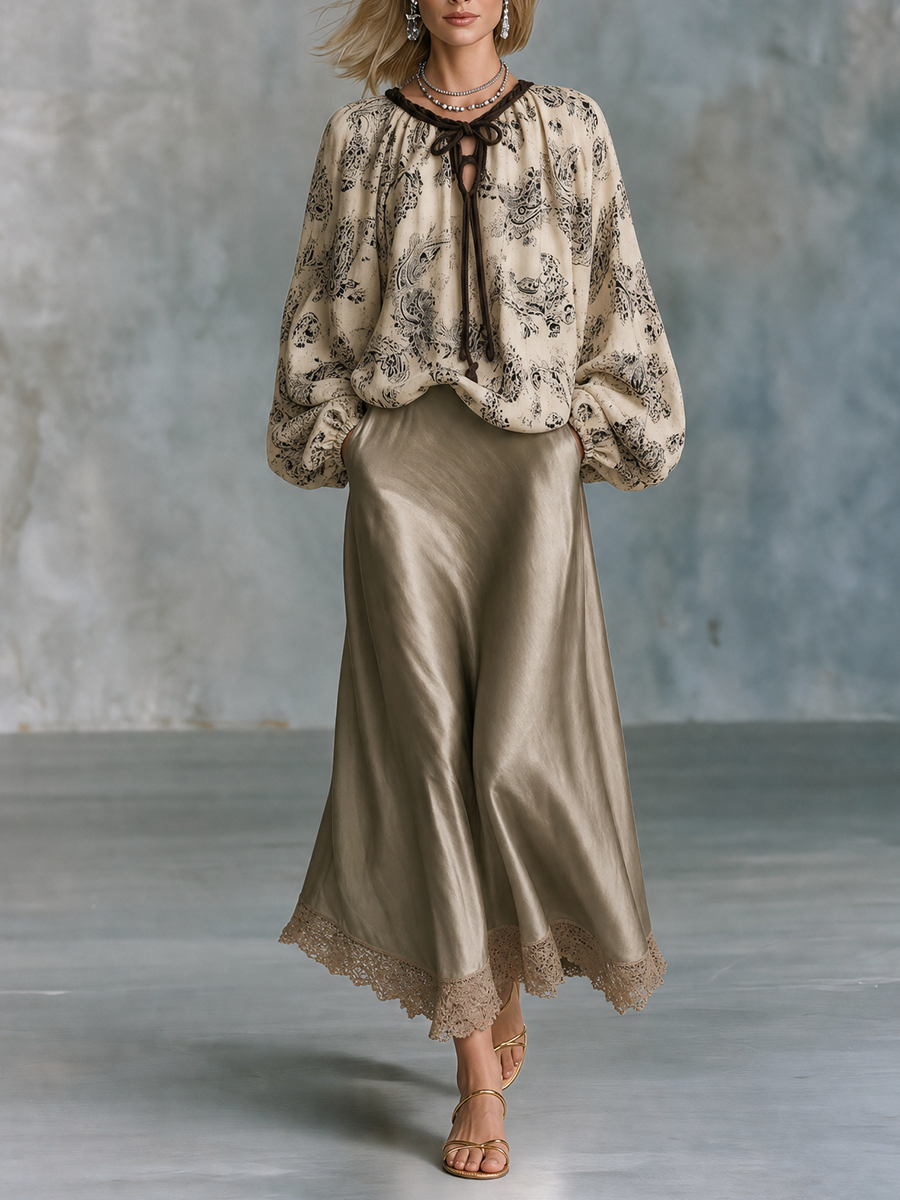 Boho Luxe Paisley Tie-Neck Blouse & Lace Hem Skirt Outfit Set