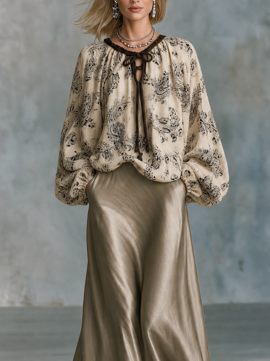Boho Luxe Paisley Tie-Neck Blouse & Lace Hem Skirt Outfit Set
