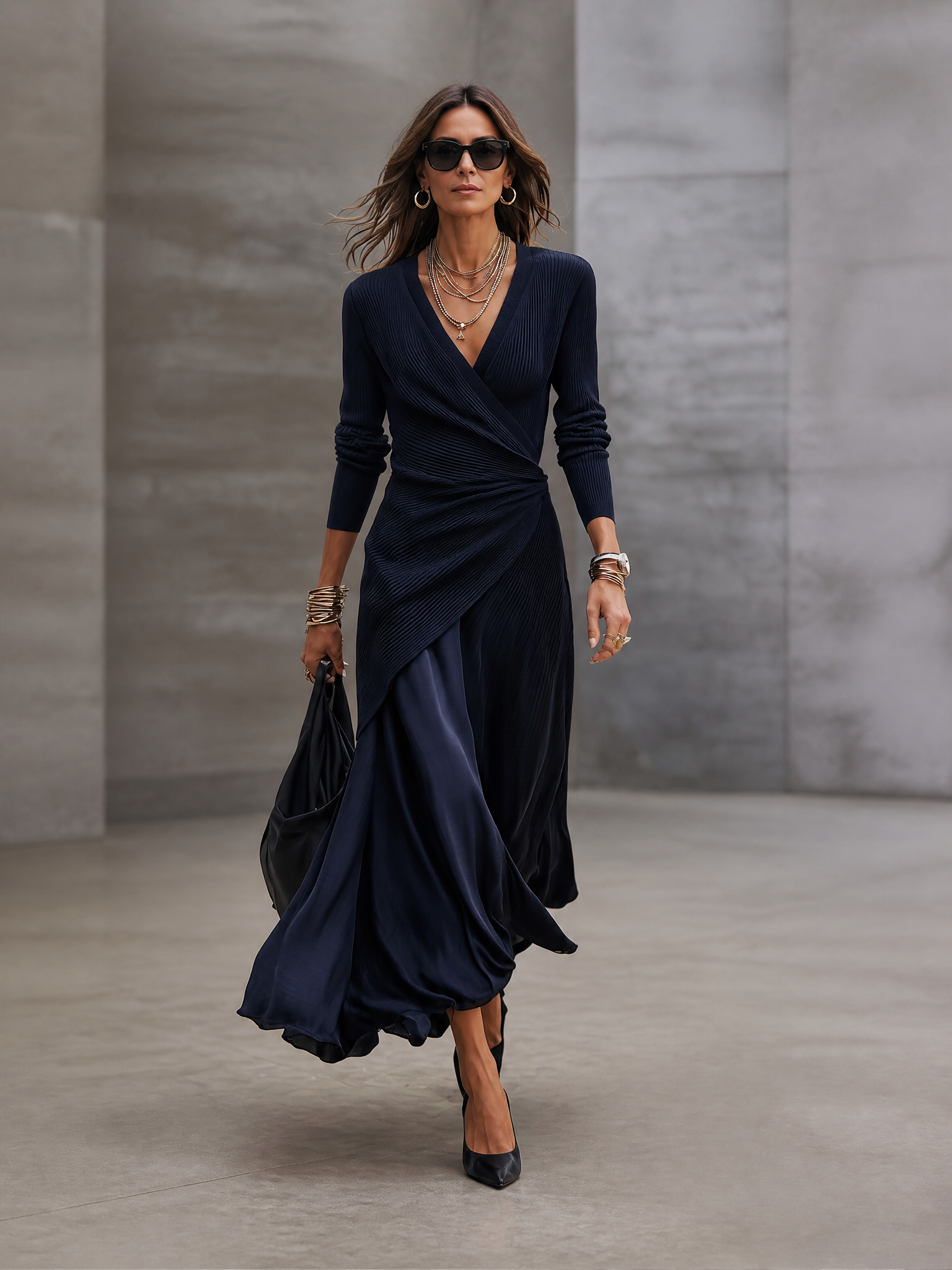 Women's V-Neck Long Sleeve Ribbed Wrap Satin Splicing Maxi Dress