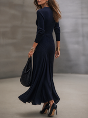 Women's V-Neck Long Sleeve Ribbed Wrap Satin Splicing Maxi Dress
