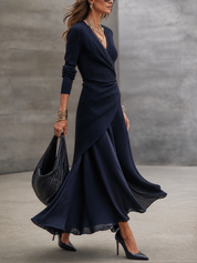 Women's V-Neck Long Sleeve Ribbed Wrap Satin Splicing Maxi Dress