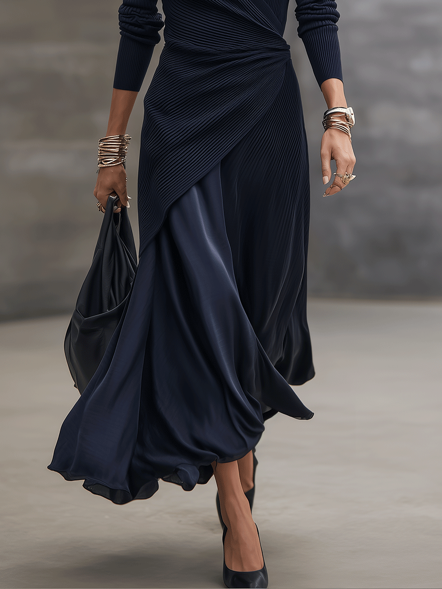 Women's V-Neck Long Sleeve Ribbed Wrap Satin Splicing Maxi Dress