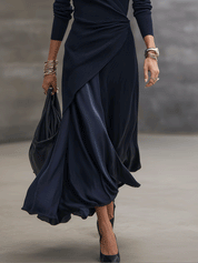 Women's V-Neck Long Sleeve Ribbed Wrap Satin Splicing Maxi Dress