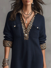 Leopard-Trim Collar Waffle Knit Maxi Shirt Dress
