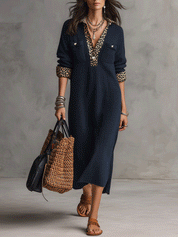 Leopard-Trim Collar Waffle Knit Maxi Shirt Dress