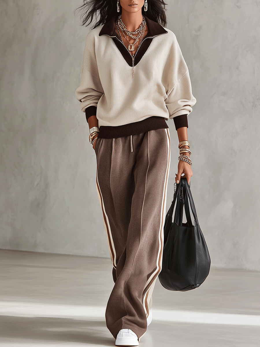 Women's Color Block V-Neck Long Sleeve Top and Striped Wide Leg Pants Two-Piece Set