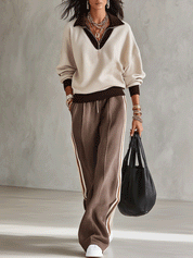 Women's Color Block V-Neck Long Sleeve Top and Striped Wide Leg Pants Two-Piece Set