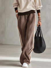 Women's Color Block V-Neck Long Sleeve Top and Striped Wide Leg Pants Two-Piece Set