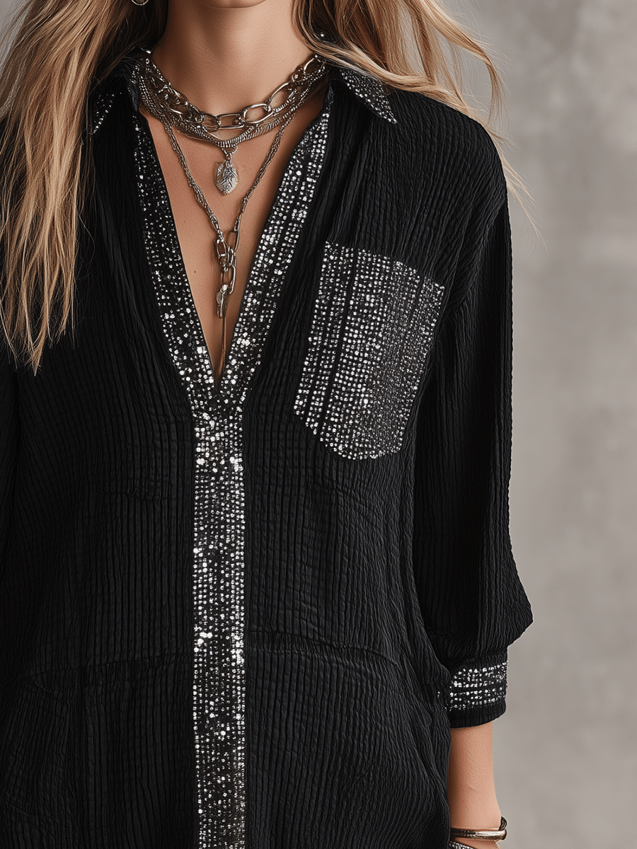Women's Embellished Sequin Trim Oversized Blouse