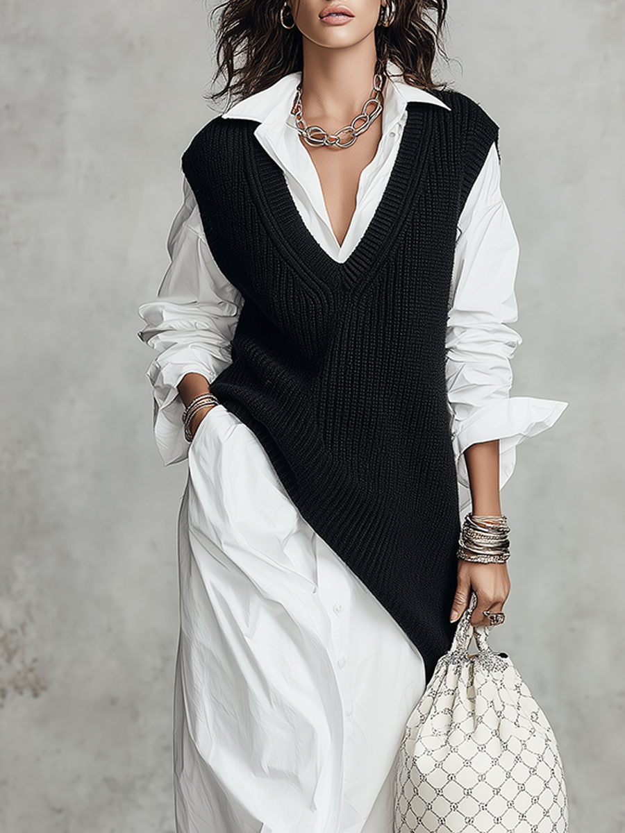 Casual Knitted Vest Layered Over A Shirt Dress