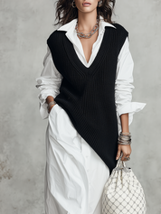 Casual Knitted Vest Layered Over A Shirt Dress