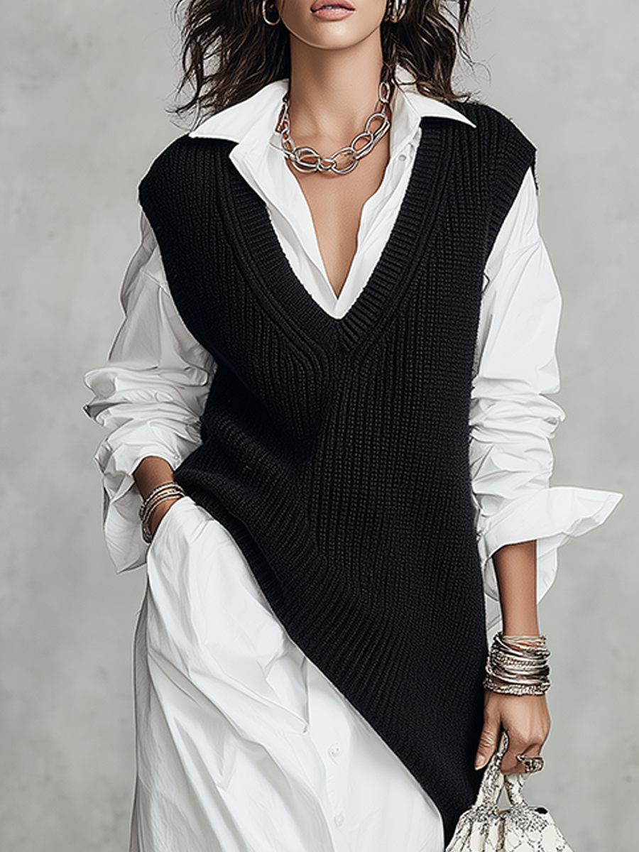 Casual Knitted Vest Layered Over A Shirt Dress