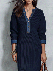 Casual Knit Denim-Trim Navy Blue Maxi Sweater Dress