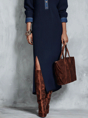 Casual Knit Denim-Trim Navy Blue Maxi Sweater Dress