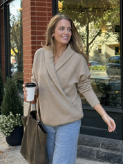 Oatmeal Camel Overlapping V-neck Knit Top