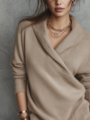 Oatmeal Camel Overlapping V-neck Knit Top