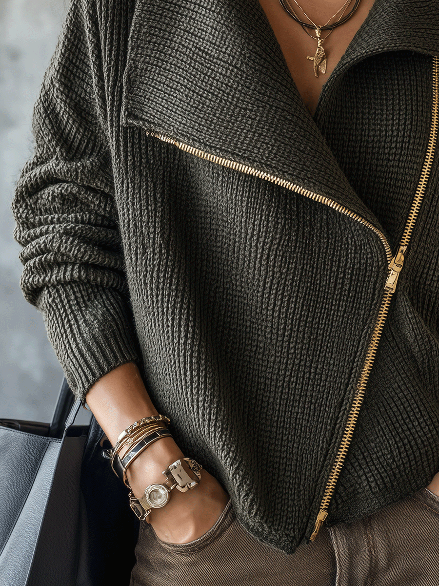 Women's Oversized Asymmetric Zip Ribbed Knit Sweater Jacket