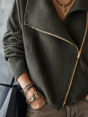Women's Oversized Asymmetric Zip Ribbed Knit Sweater Jacket