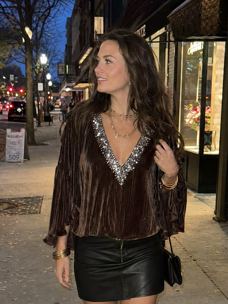 Bohemian Style Brown Velvet Sequined Top