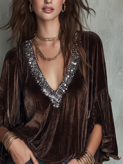 Bohemian Style Brown Velvet Sequined Top