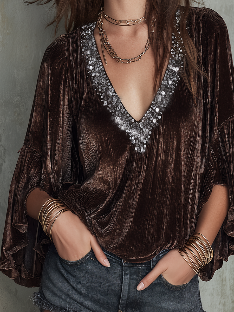Bohemian Style Brown Velvet Sequined Top