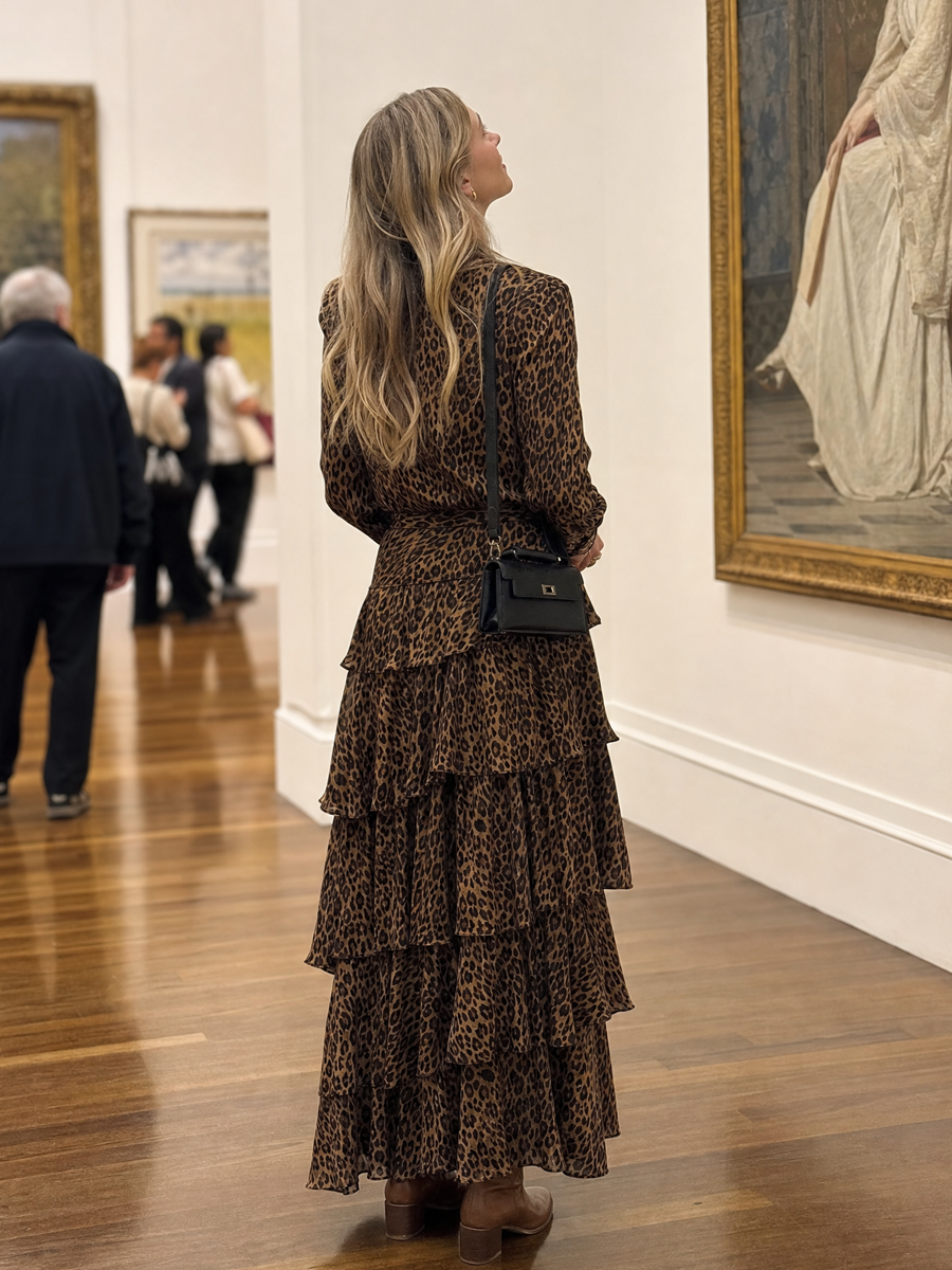 Bohemian Leopard Print Shirt And Layered Ruffle Skirt Set