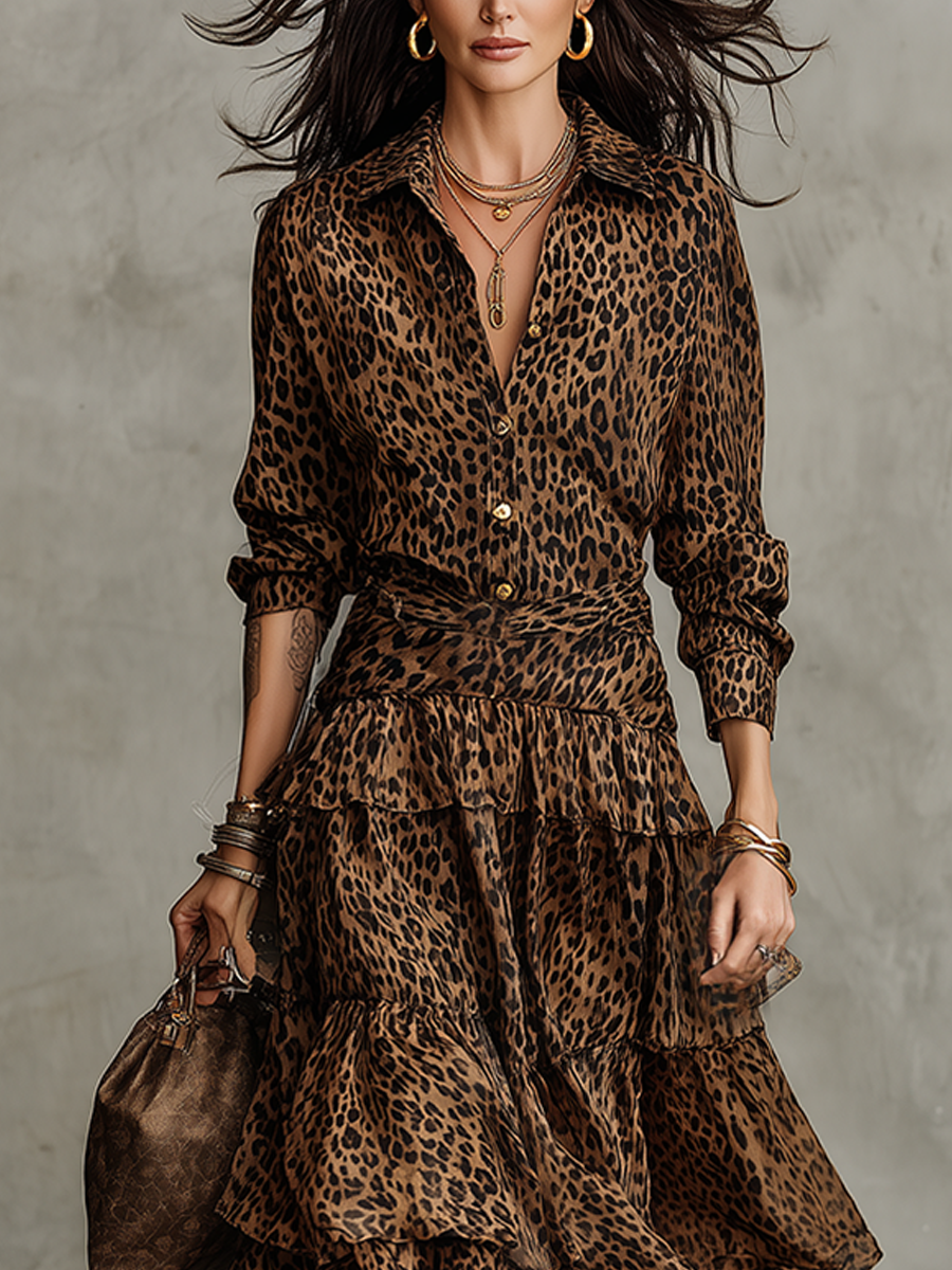Bohemian Leopard Print Shirt And Layered Ruffle Skirt Set